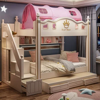Double decker voodi koos kahe ülemise ja alumise narid, tüdruk on printsess voodi, täispuidust kõrge ja madala voodi, puidust voodi