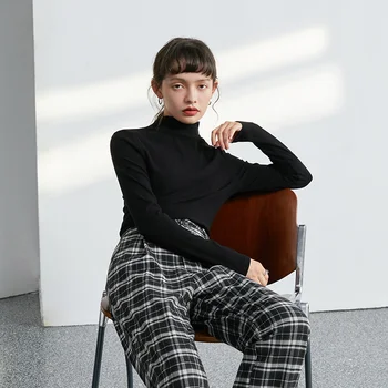 ZIQIAO Jaapani Naiste Kampsun kõrge kaelusega Pulloverid Naiste Särk Kootud Valge Tops Läbilöök SweatersSlim Must Pullover