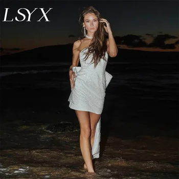 LSYX Olkaimeton Beaded Litrid Tülli High-Low Mini Pulm Kleit Mantel Lukuga Vibu Üle Põlve Lühike Pruudi Kleit Custom Made