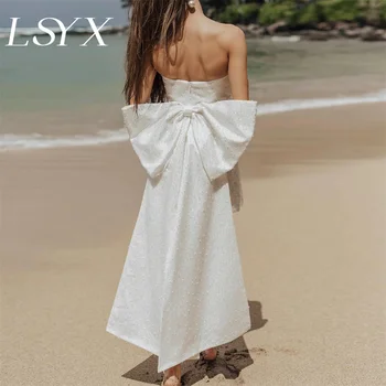 LSYX Olkaimeton Beaded Litrid Tülli High-Low Mini Pulm Kleit Mantel Lukuga Vibu Üle Põlve Lühike Pruudi Kleit Custom Made