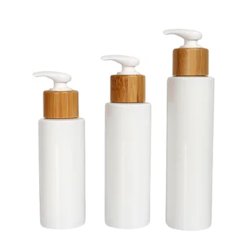 Plastikust Pudel Tühi Valge Ring 3oz 4oz 5oz 100ML120ML150ML Bambusest Puit Pump Korduvtäidetavaid Kosmeetikatoodete Pakendid Emulsioon Pudelid 20Pcs